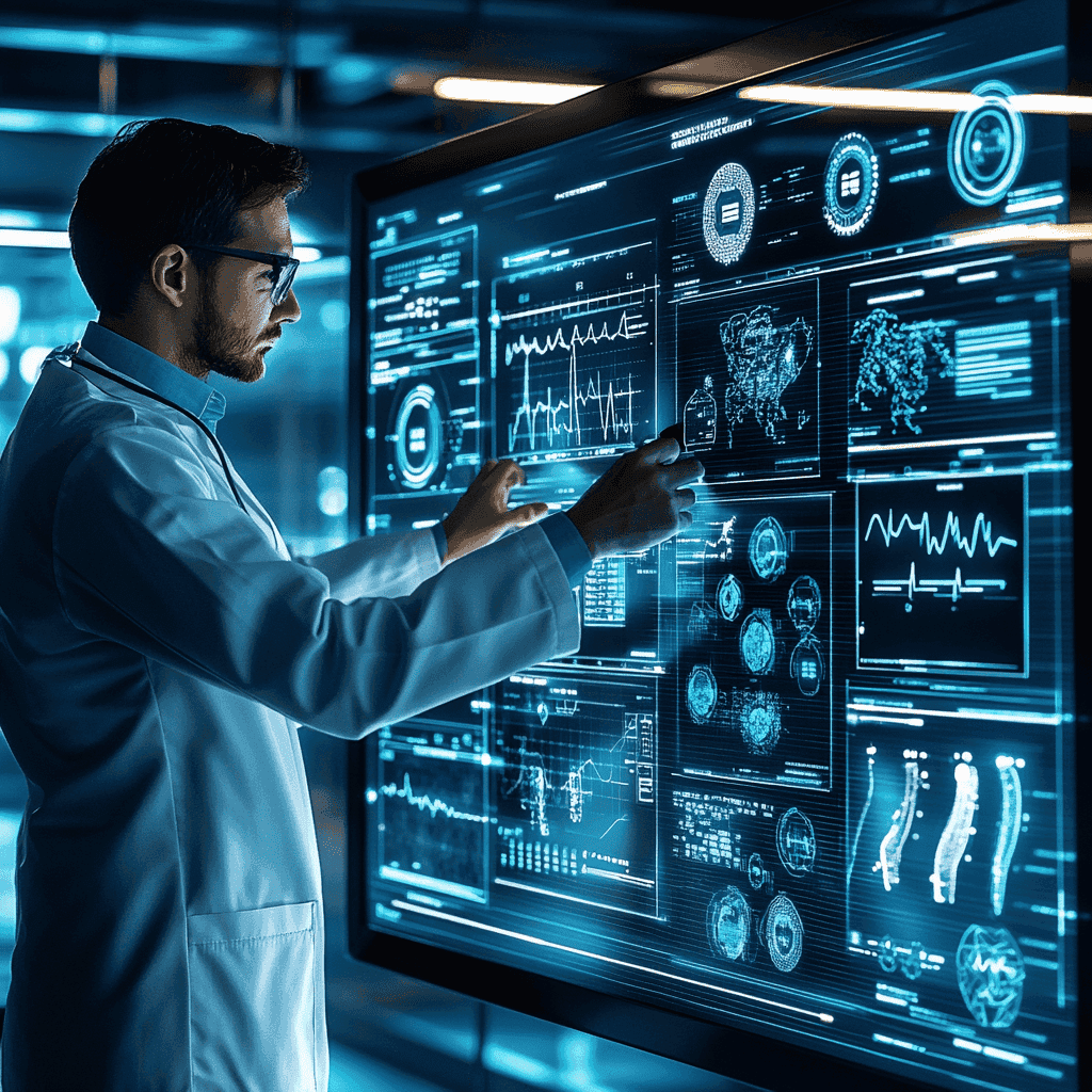 An AI-powered healthcare SaaS dashboard analyzing patient data in real time. A medical professional in a sleek, high-tech office reviews predictive analytics on a large transparent screen with biometric authentication. The dashboard displays AI-powered diagnostics, remote patient monitoring, and secure blockchain-backed medical records. Cybersecurity elements like shield icons and encryption patterns are subtly integrated. Ultra-detailed, futuristic UI/UX design, hyper-realistic, 8K resolution, cinematic lighting l WTT Solutions